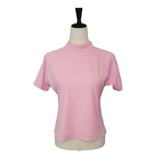Lands' End Girls Pink Elbow Sleeve High Neckline Rash Gaurd Swim Top Size L